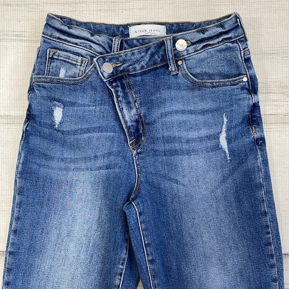 Risen Jeans Women's Juniors 1 / 25 Blue Crossover Distressed Denim Straight Leg - Picture 5 of 13